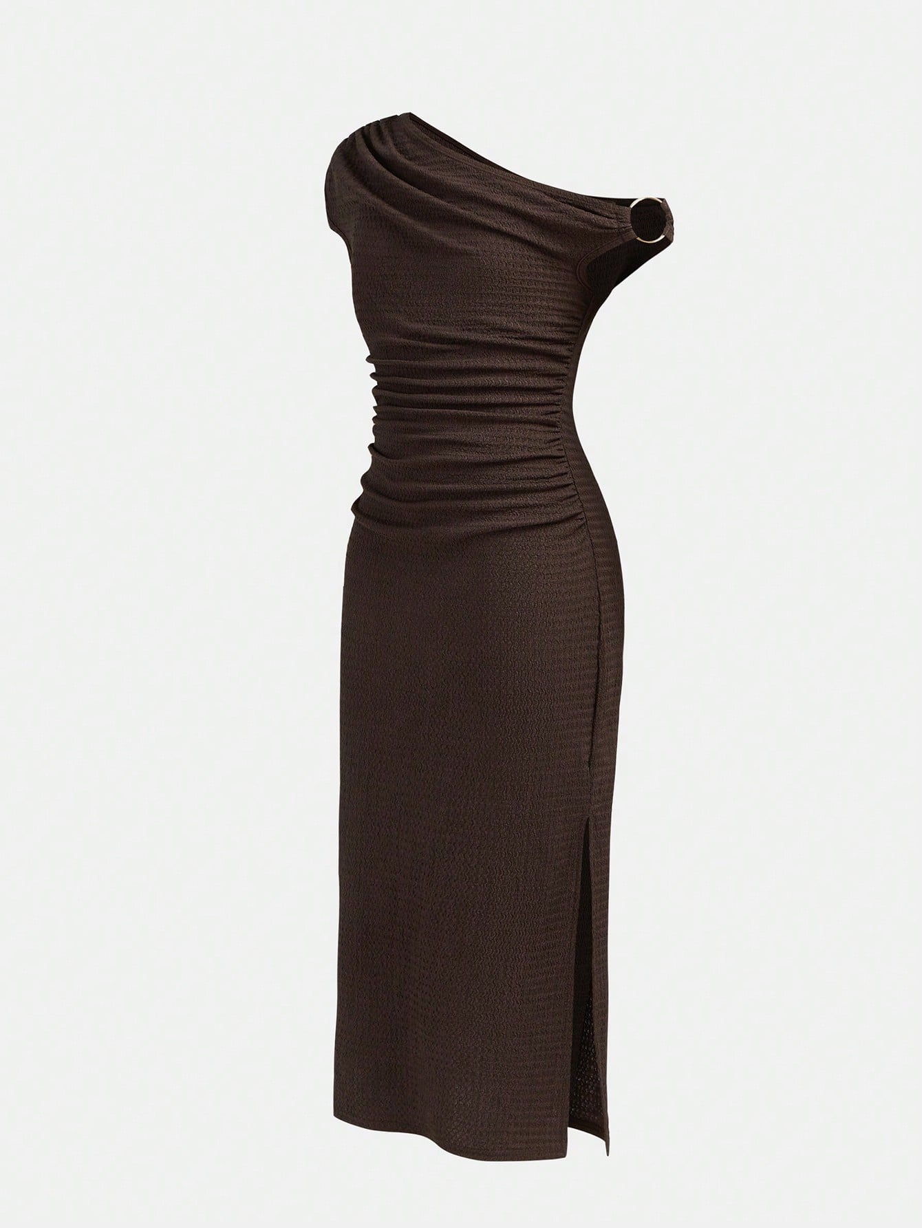 Tween girls sleeveless bodycon dress with asymmetrical neckline, ruched slim fit design, split detail, and long pencil hem in a plain everyday casual style.