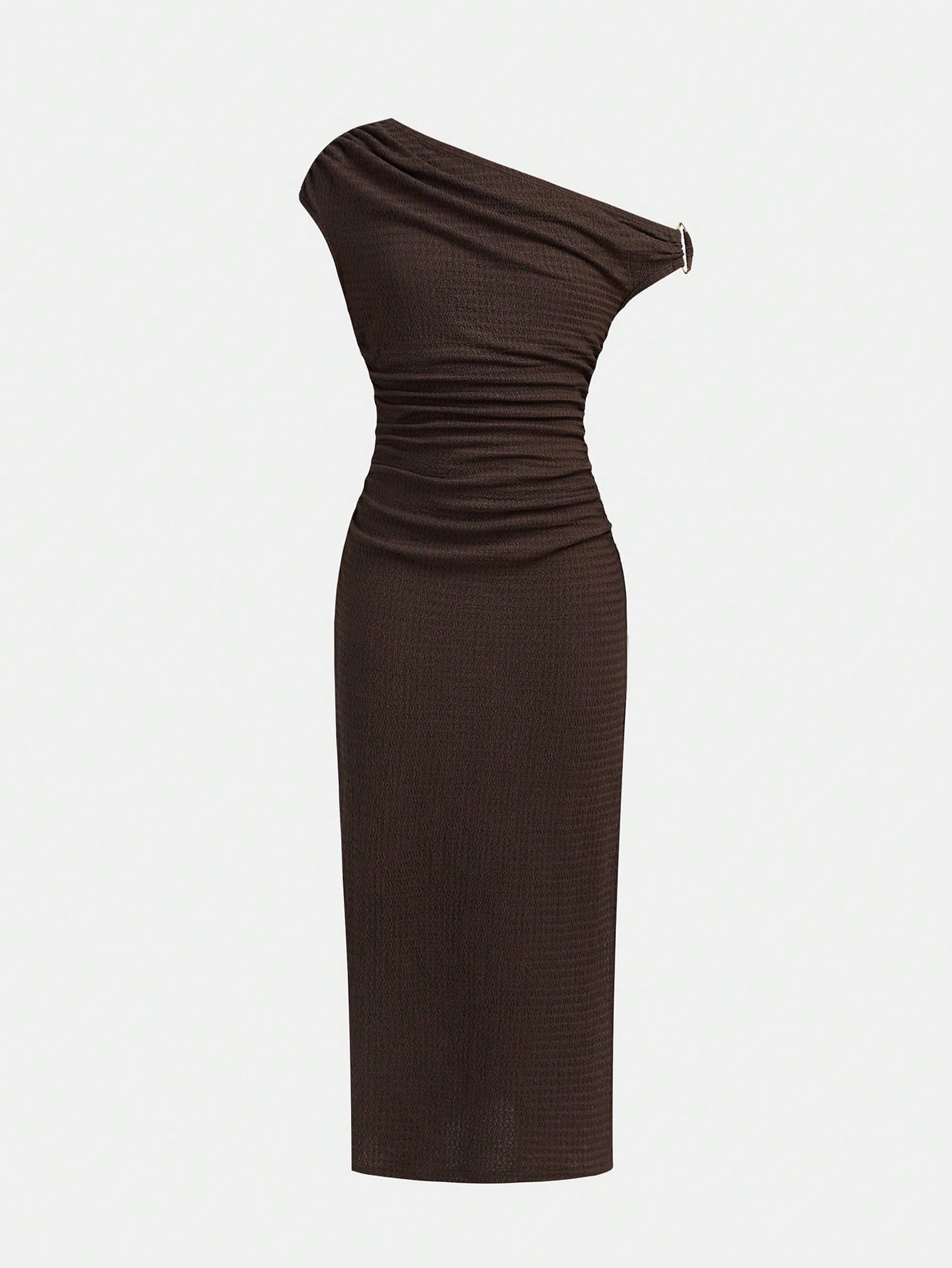 Tween girls sleeveless bodycon dress with asymmetrical neckline, ruched slim fit design, split detail, and long pencil hem in a plain everyday casual style.