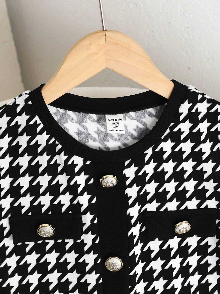 Nova Glow tween girls black and white houndstooth print short sleeve A-line dress with decorative buttons and crew neckline.