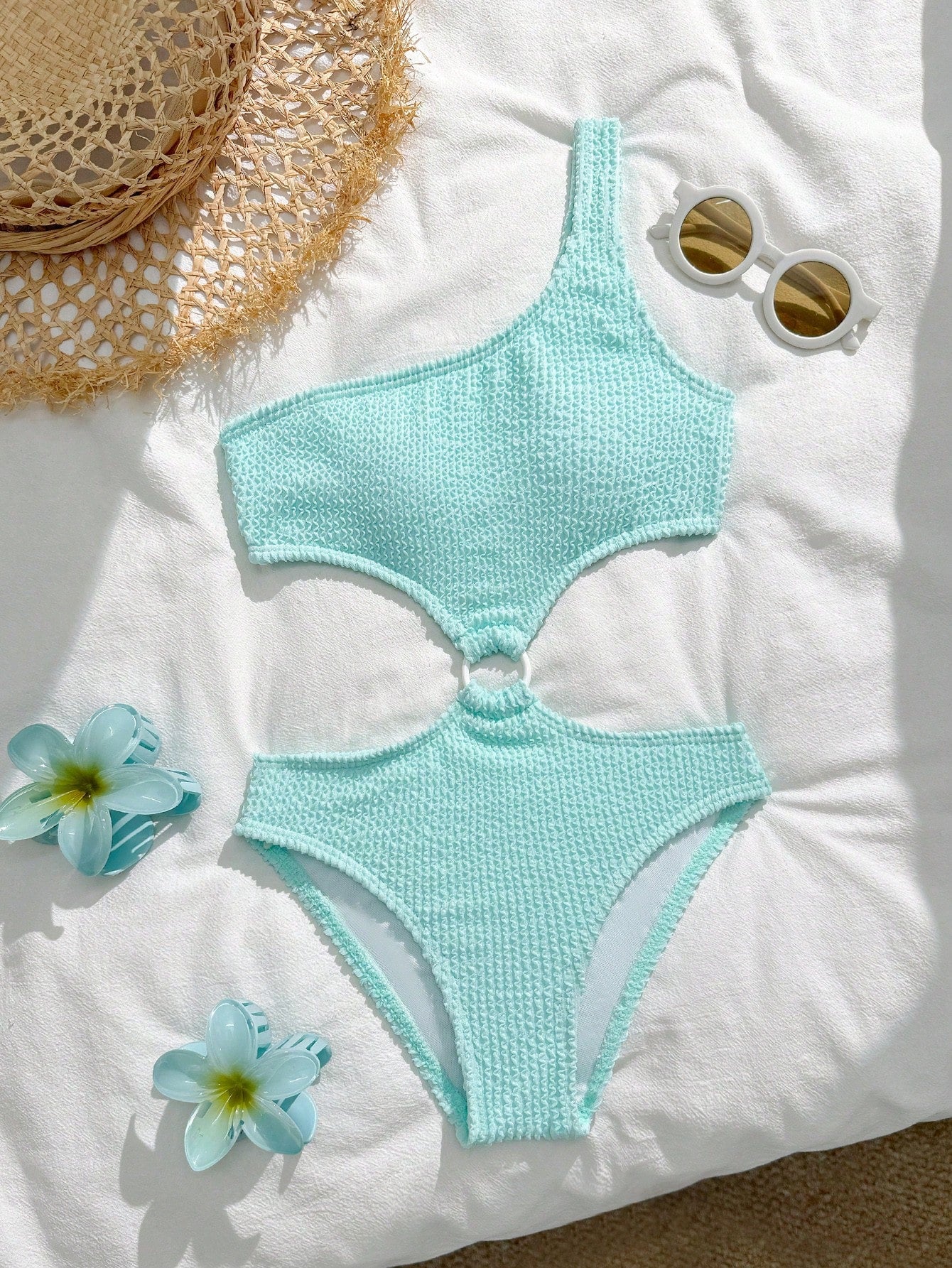 Black tween girls one-piece swimsuit with asymmetrical one-shoulder neckline, cut-out detail, fitted shape, and regular leg for beach, pool, and vacation wear.