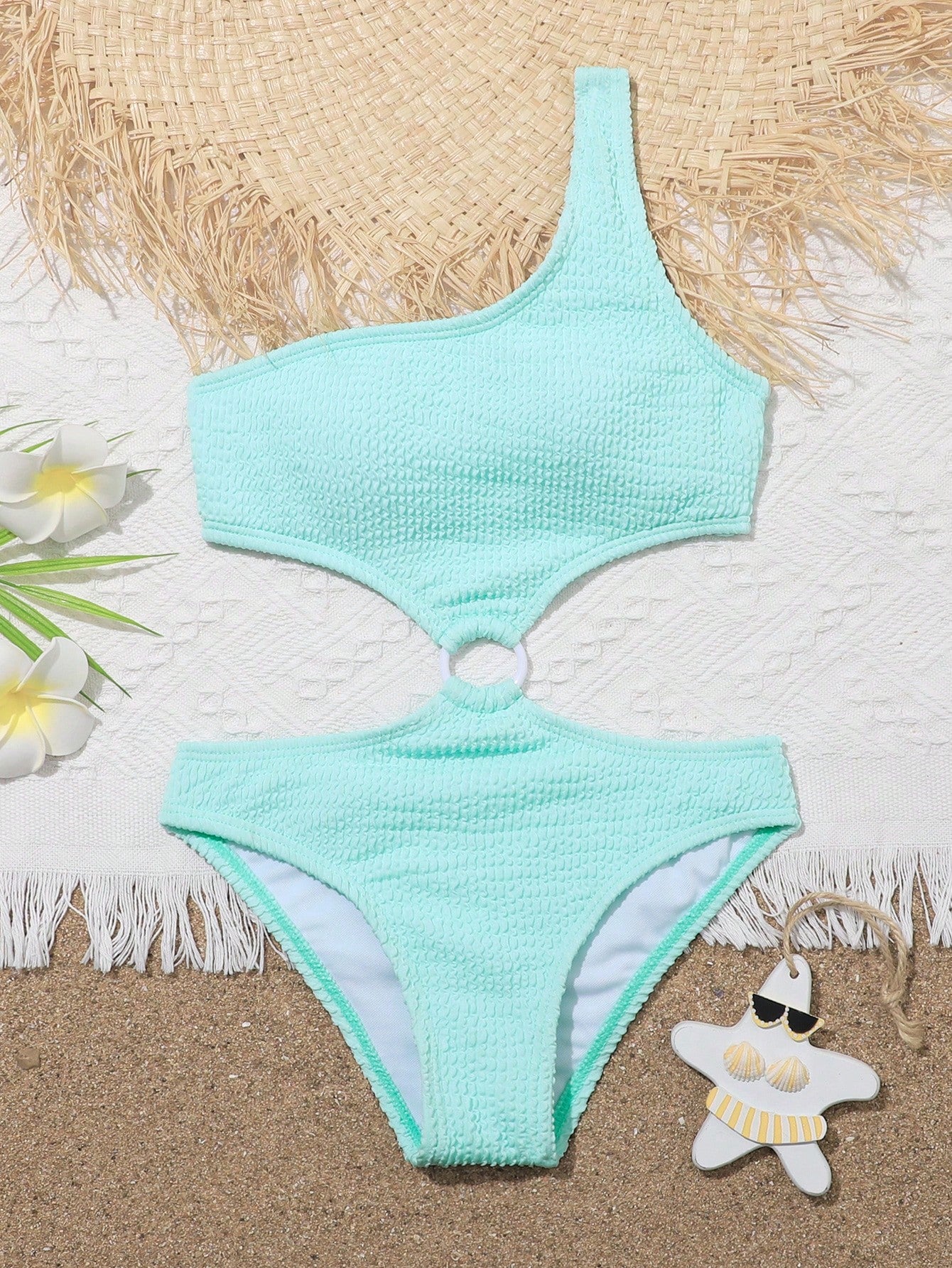Black tween girls one-piece swimsuit with asymmetrical one-shoulder neckline, cut-out detail, fitted shape, and regular leg for beach, pool, and vacation wear.