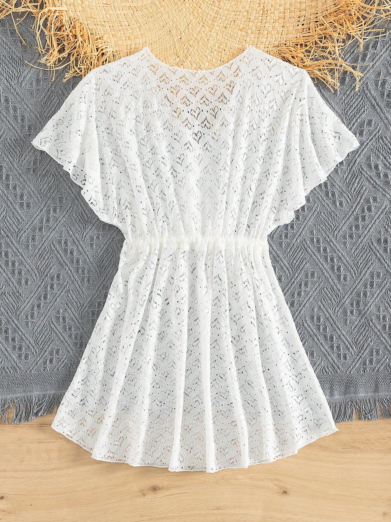 Tween girls white lace beach cover up with V neck, short sleeves, semi-sheer hollow out design, long length, and drawstring waist for summer holidays.