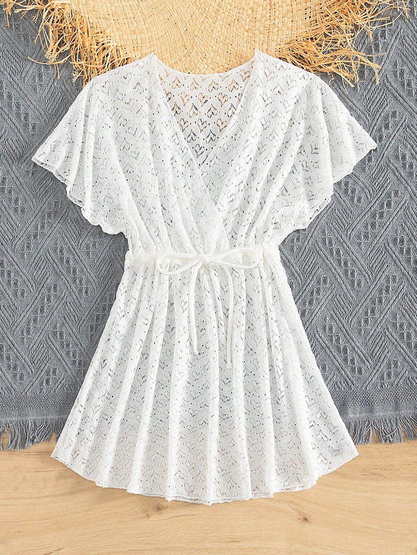 Tween girls white lace beach cover up with V neck, short sleeves, semi-sheer hollow out design, long length, and drawstring waist for summer holidays.