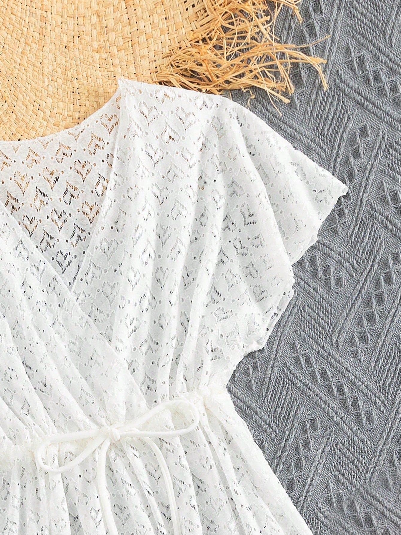 Tween girls white lace beach cover up with V neck, short sleeves, semi-sheer hollow out design, long length, and drawstring waist for summer holidays.
