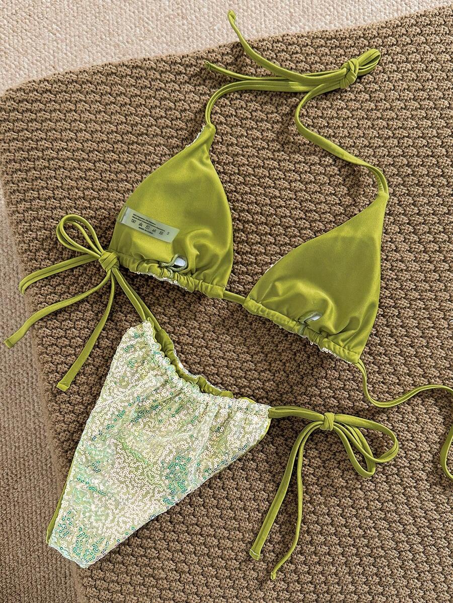 Women's apricot solid halter tie bikini top with triangle cups and matching tie-side swimsuit bottoms.