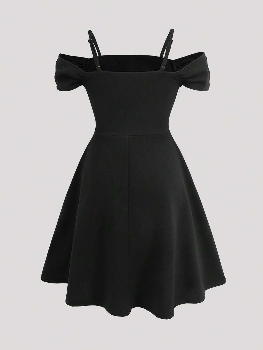 Apricot velvet A-line midi dress for tween girls featuring cold shoulder short sleeves, spaghetti straps, and a high waist.