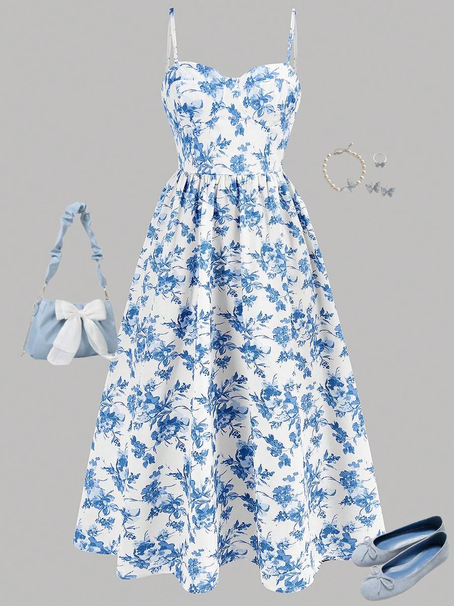 Tween girls apricot polka dot long cami dress with shoulder straps, high waist, and flared A-line skirt.