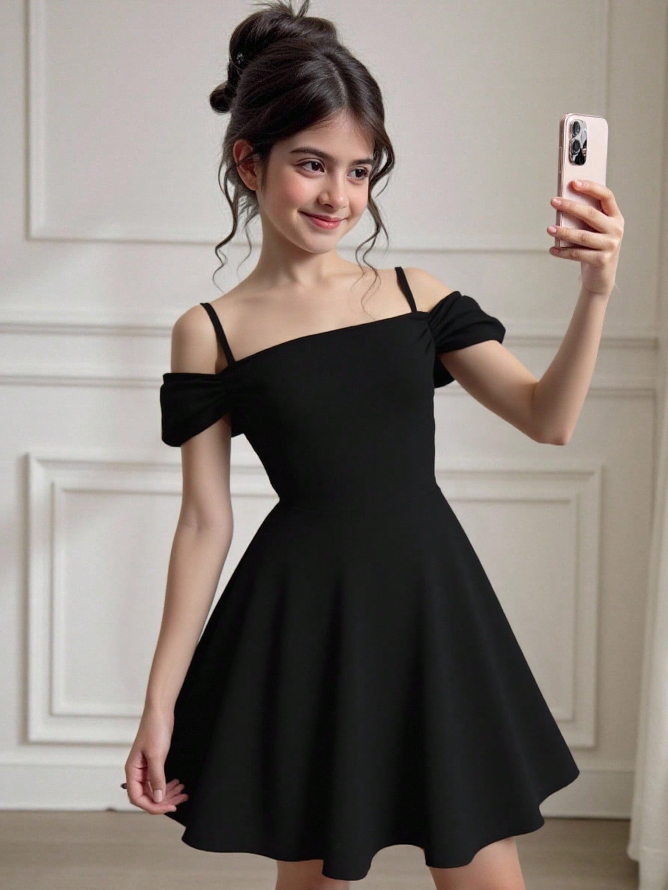 Apricot velvet A-line midi dress for tween girls featuring cold shoulder short sleeves, spaghetti straps, and a high waist.