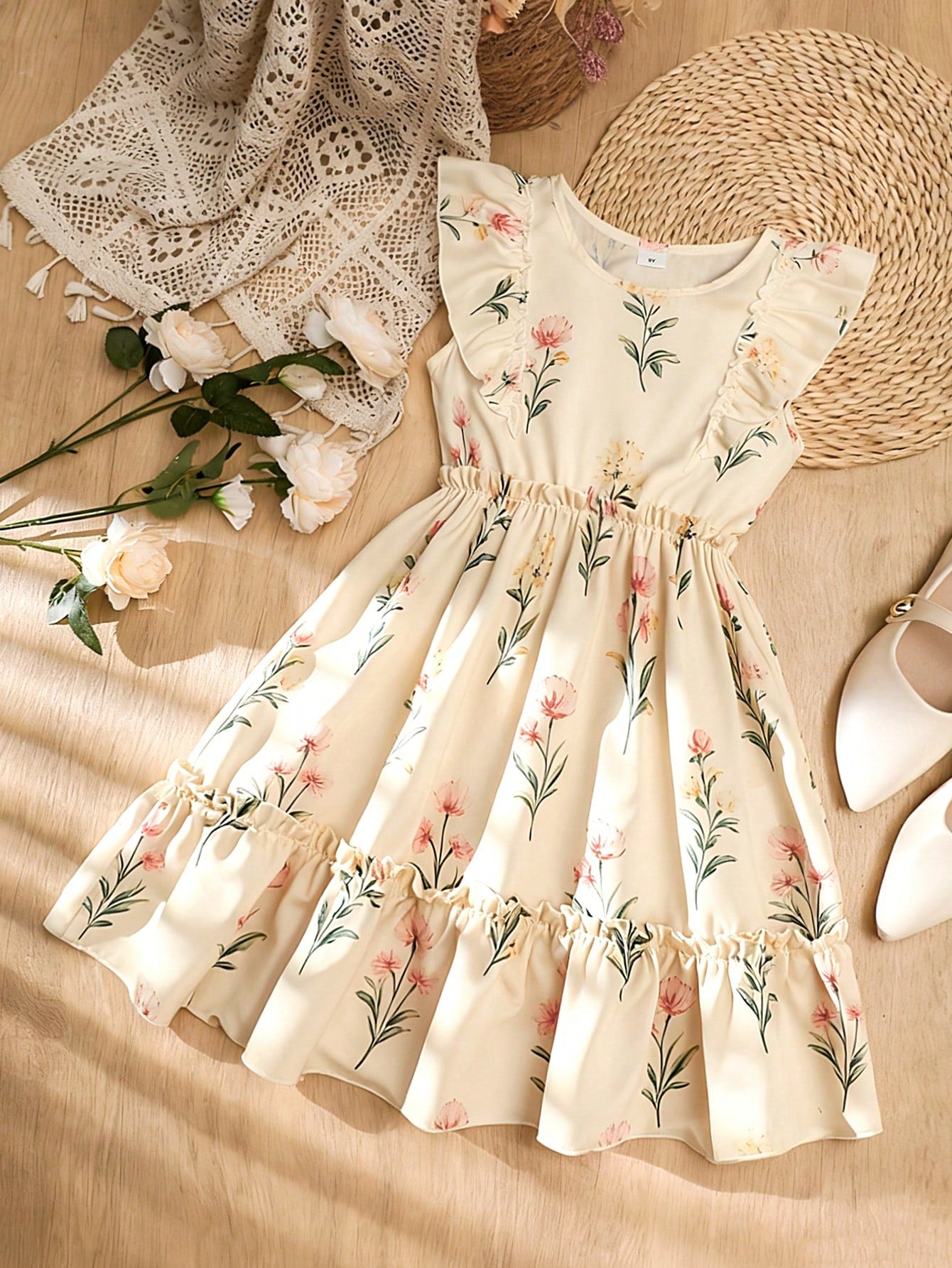 Girls sleeveless floral ruffle high waist A-line dress in champagne color with round neck and flounce hem.