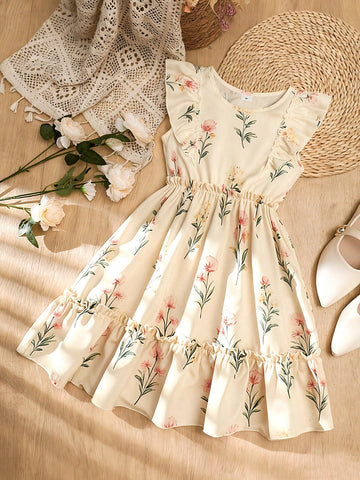 Girls sleeveless floral ruffle high waist A-line dress in champagne color with round neck and flounce hem.