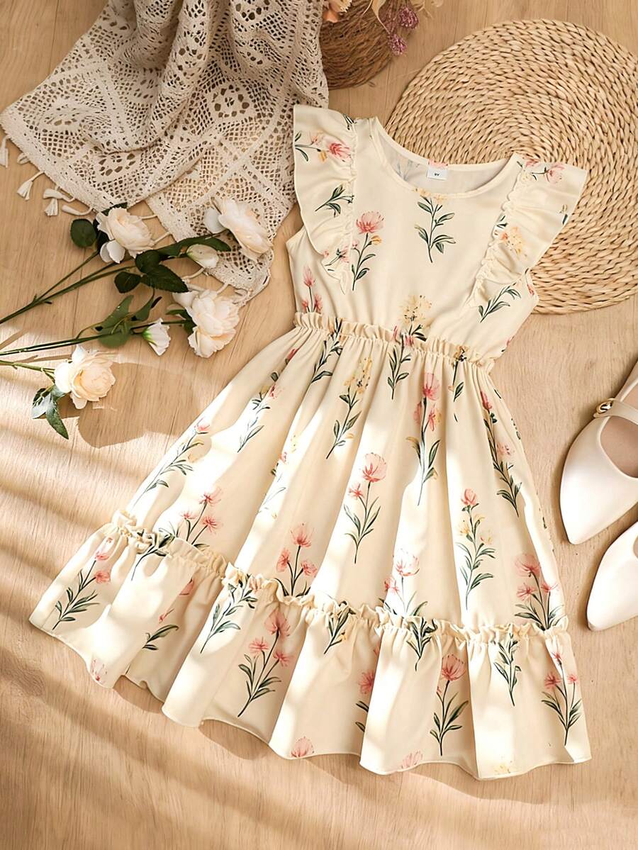 Girls sleeveless floral ruffle high waist A-line dress in champagne color with round neck and flounce hem.