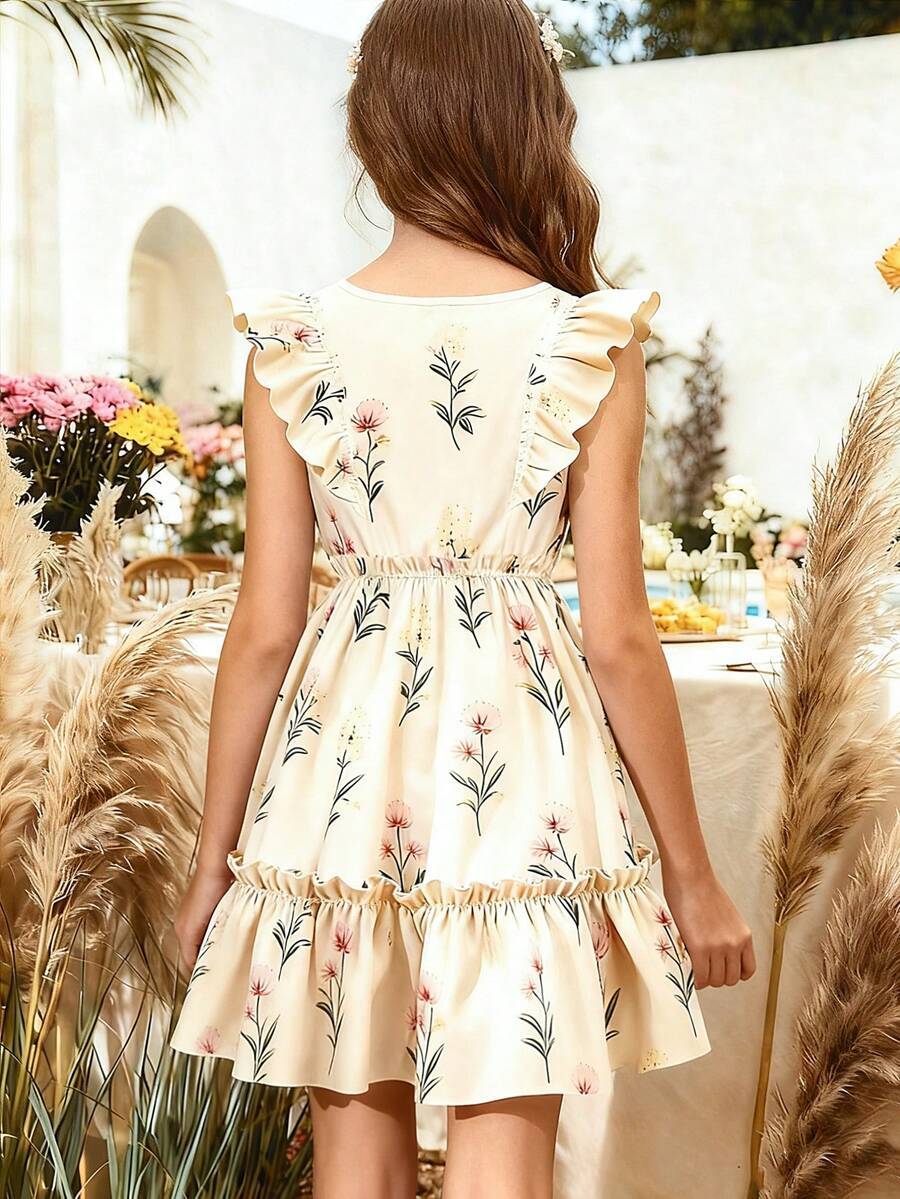 Girls sleeveless floral ruffle high waist A-line dress in champagne color with round neck and flounce hem.