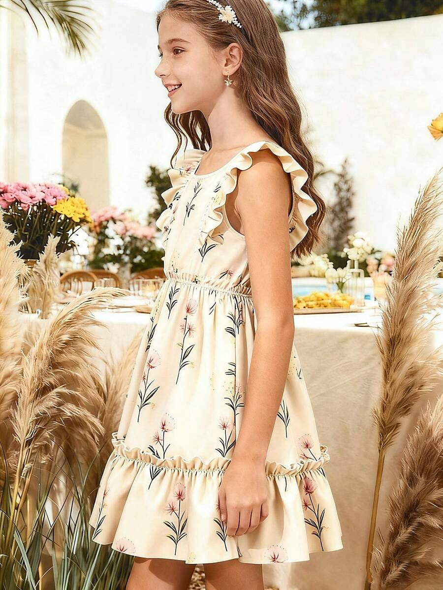 Girls sleeveless floral ruffle high waist A-line dress in champagne color with round neck and flounce hem.