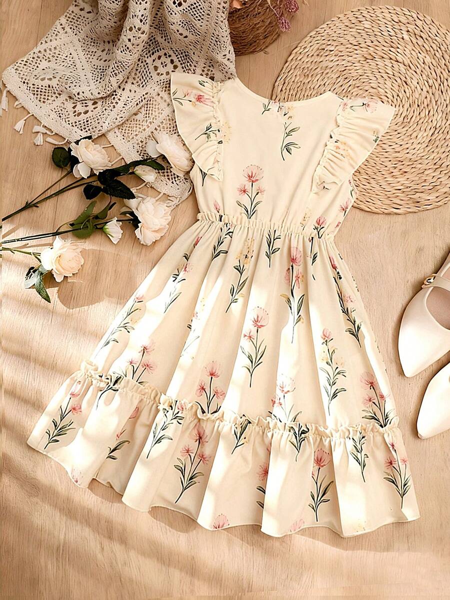 Girls sleeveless floral ruffle high waist A-line dress in champagne color with round neck and flounce hem.
