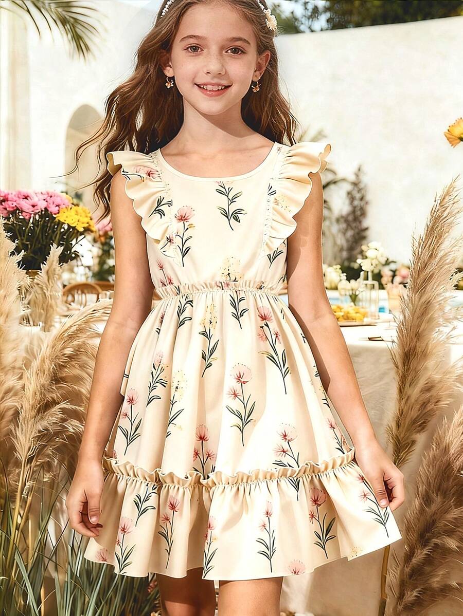 Girls sleeveless floral ruffle high waist A-line dress in champagne color with round neck and flounce hem.