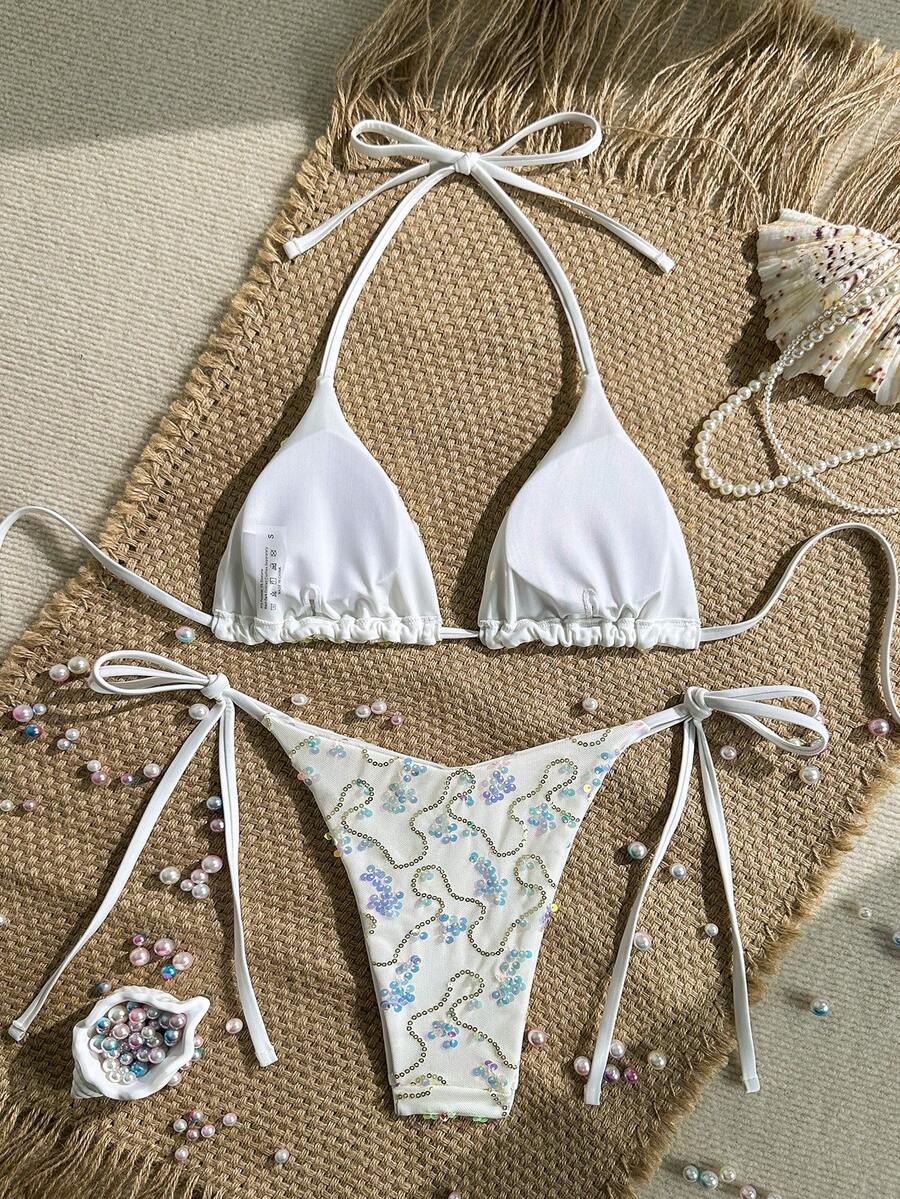 Women's sequin textured halter triangle bikini top and high-waist side tie bikini bottom swimsuit set