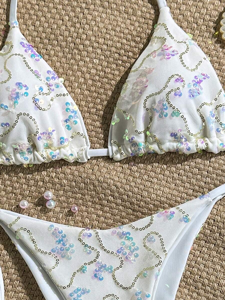 Women's sequin textured halter triangle bikini top and high-waist side tie bikini bottom swimsuit set