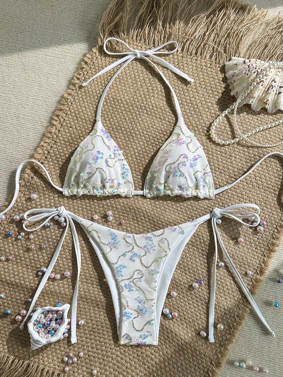 Women's sequin textured halter triangle bikini top and high-waist side tie bikini bottom swimsuit set