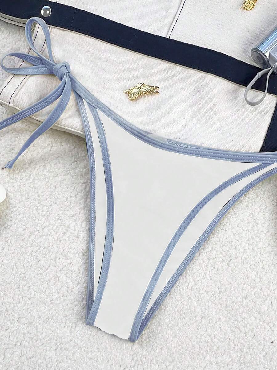 Women's apricot solid halter tie bikini top with triangle cups and matching tie-side swimsuit bottoms.