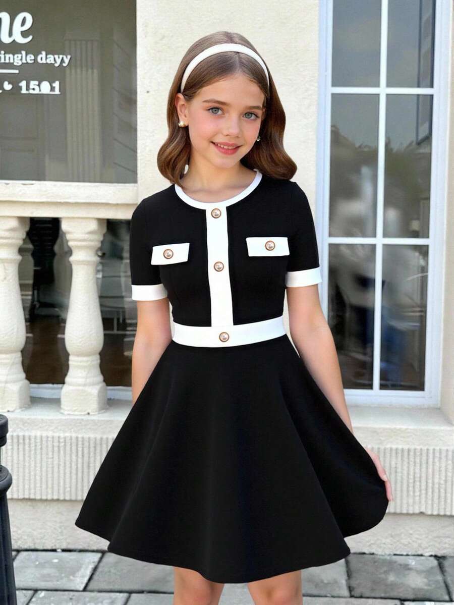 Nova Glow tween girls black and white houndstooth print short sleeve A-line dress with decorative buttons and crew neckline.