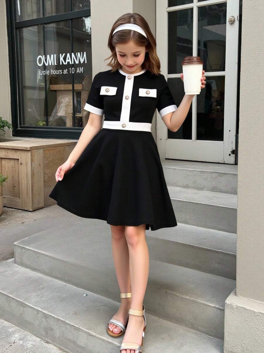 Nova Glow tween girls black and white houndstooth print short sleeve A-line dress with decorative buttons and crew neckline.
