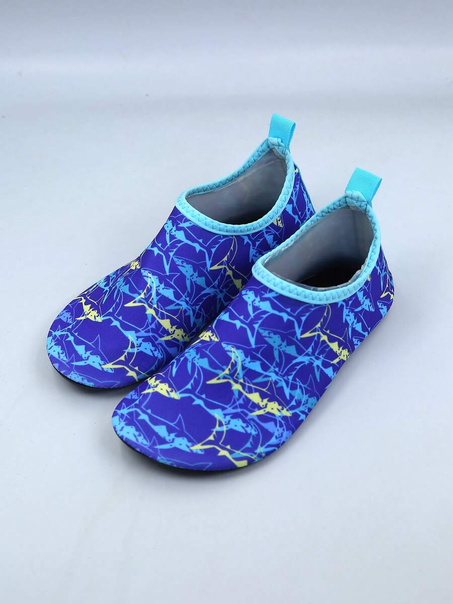 Kids slip-on aqua socks water shoes with breathable polyester upper and non-slip wear-resistant TPR outsole for boys and girls.