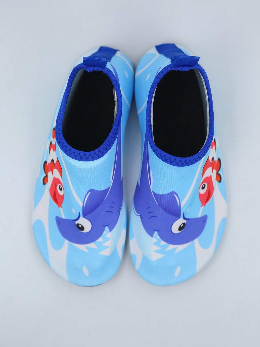 Kids slip-on aqua socks water shoes with breathable polyester upper and non-slip wear-resistant TPR outsole for boys and girls.