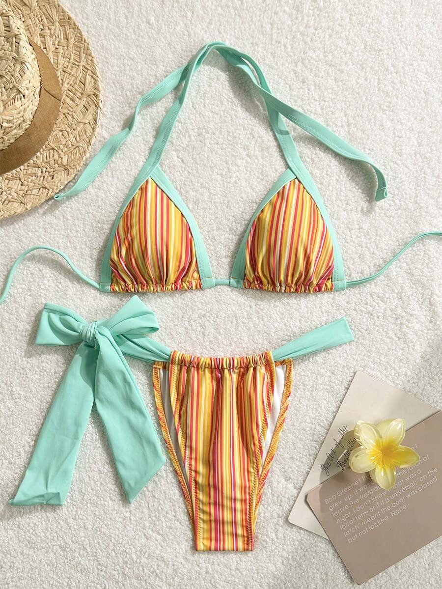 Orange striped 2-piece bikini swimsuit for women featuring a wireless spaghetti strap top with chain detail and high-waisted tie-side thong bottoms.