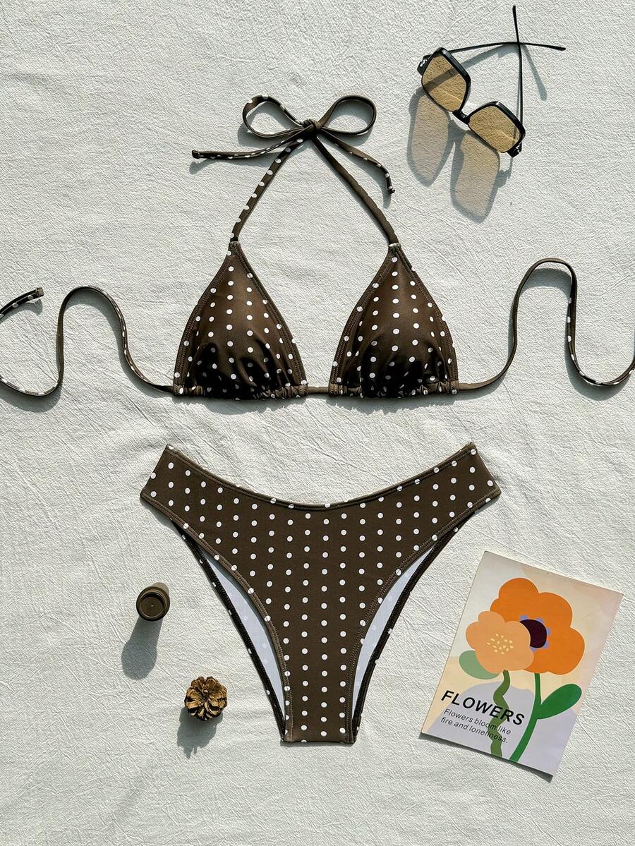 Women's apricot 2-piece halter bikini set featuring a wireless triangle top with tie-back detail and high-waisted high-cut bottoms.