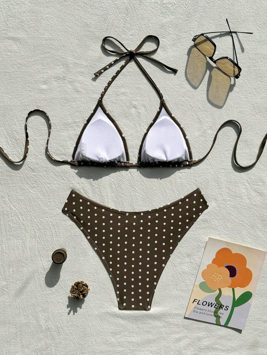 Women's apricot 2-piece halter bikini set featuring a wireless triangle top with tie-back detail and high-waisted high-cut bottoms.