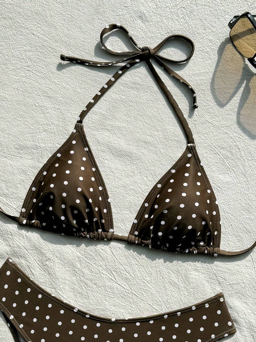 Women's apricot 2-piece halter bikini set featuring a wireless triangle top with tie-back detail and high-waisted high-cut bottoms.