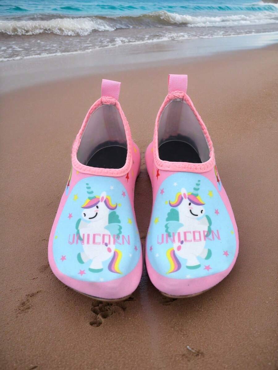 Kids slip-on aqua socks featuring geometric pattern, breathable Lycra upper, and non-slip TPR outsole for beach and water activities.