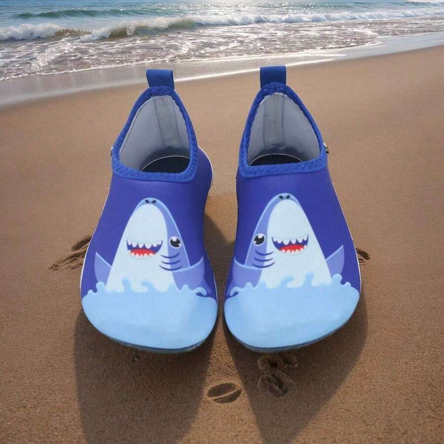 Kids slip-on aqua socks featuring geometric pattern, breathable Lycra upper, and non-slip TPR outsole for beach and water activities.