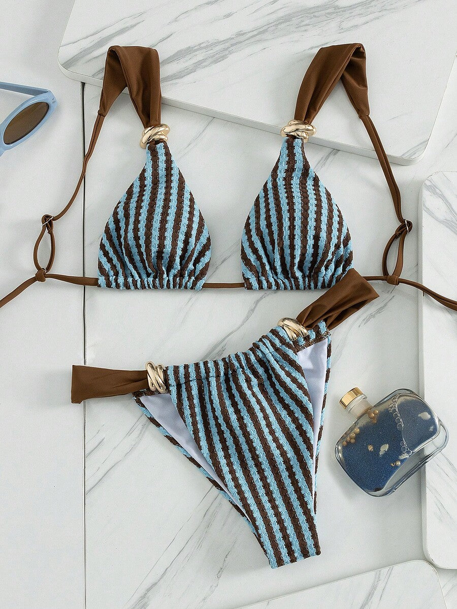 Multicolor colorblock bikini set for women featuring a wireless triangle bra top with shoulder straps and ring knot details paired with high waist high cut bottoms.