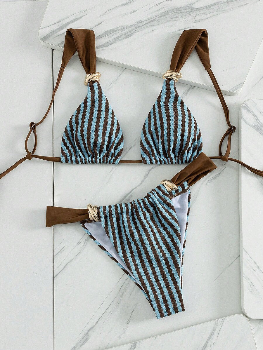 Multicolor colorblock bikini set for women featuring a wireless triangle bra top with shoulder straps and ring knot details paired with high waist high cut bottoms.