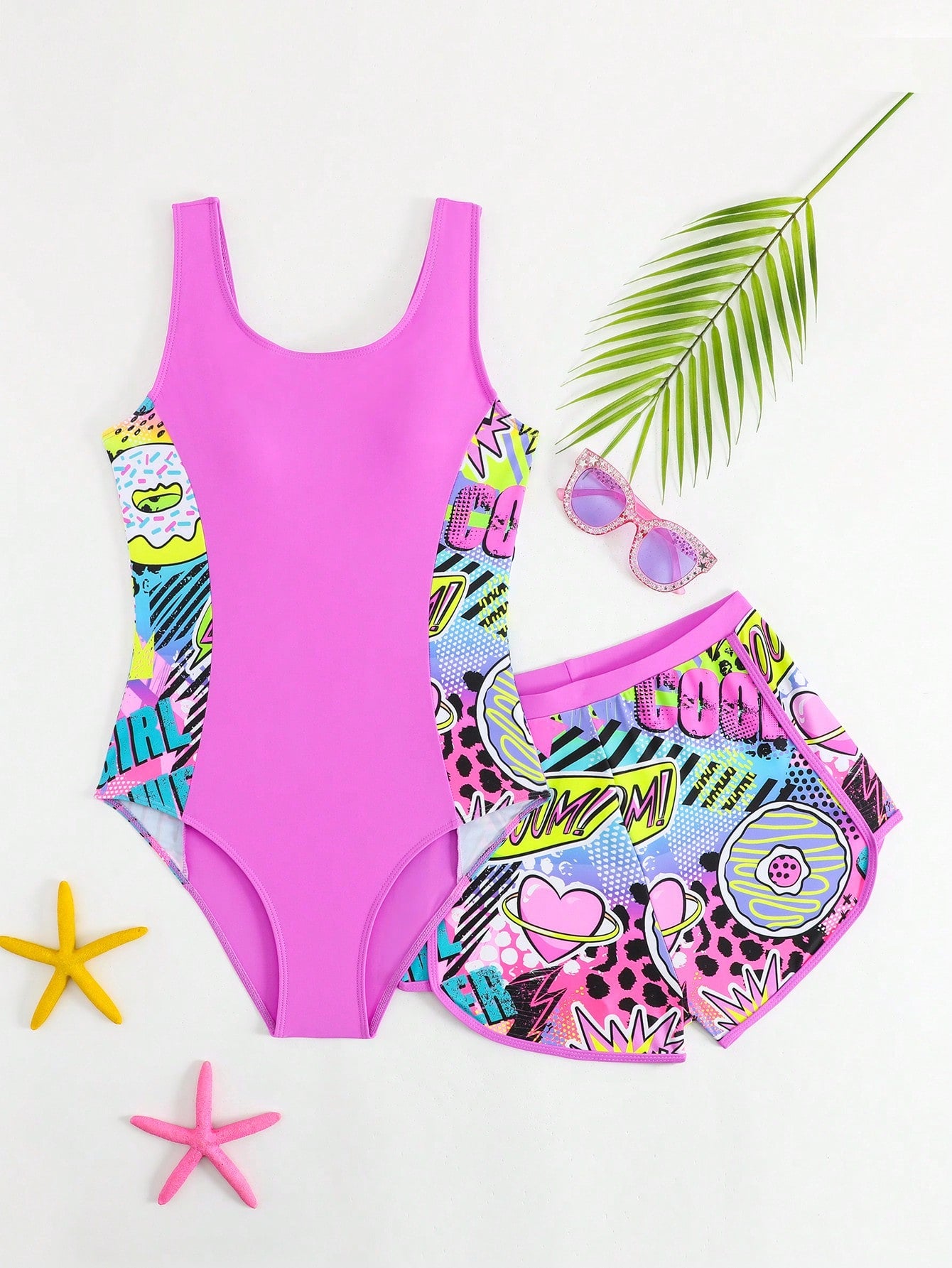 Tween girls 2-piece swimsuit set with a printed one-piece featuring ruffle trim, scoop neckline, cut-out detail, and matching shorts bottom.