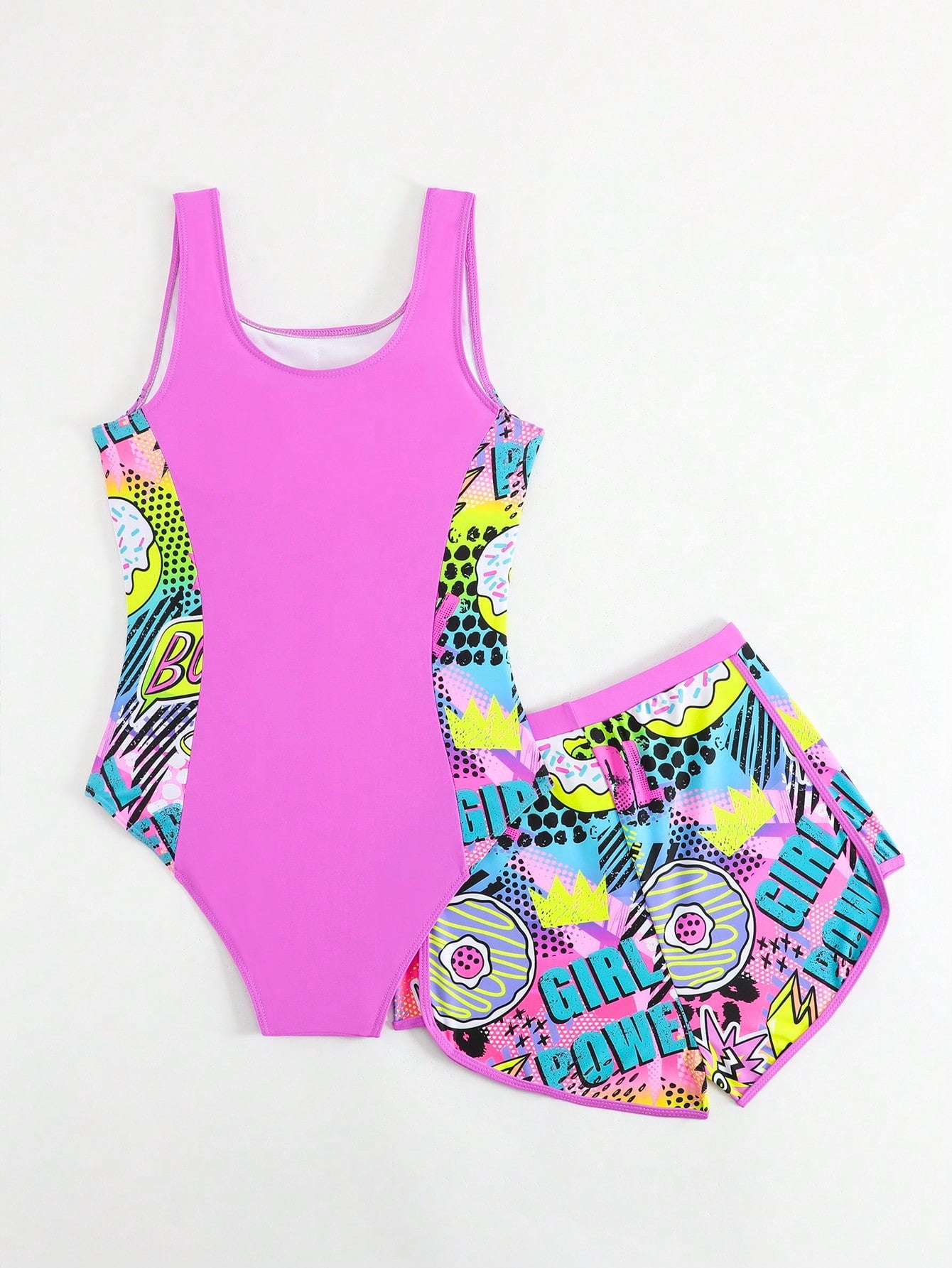 Tween girls 2-piece swimsuit set with a printed one-piece featuring ruffle trim, scoop neckline, cut-out detail, and matching shorts bottom.