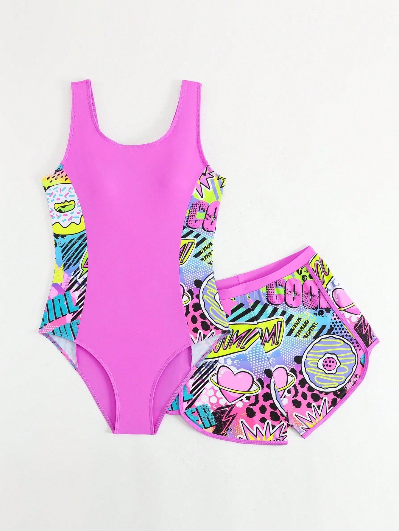 Tween girls 2-piece swimsuit set with a printed one-piece featuring ruffle trim, scoop neckline, cut-out detail, and matching shorts bottom.
