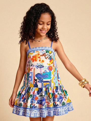 Tween girls black cami dress with colorful all-over cartoon print, spaghetti straps, ruffle detail, low waist, and flounce hem