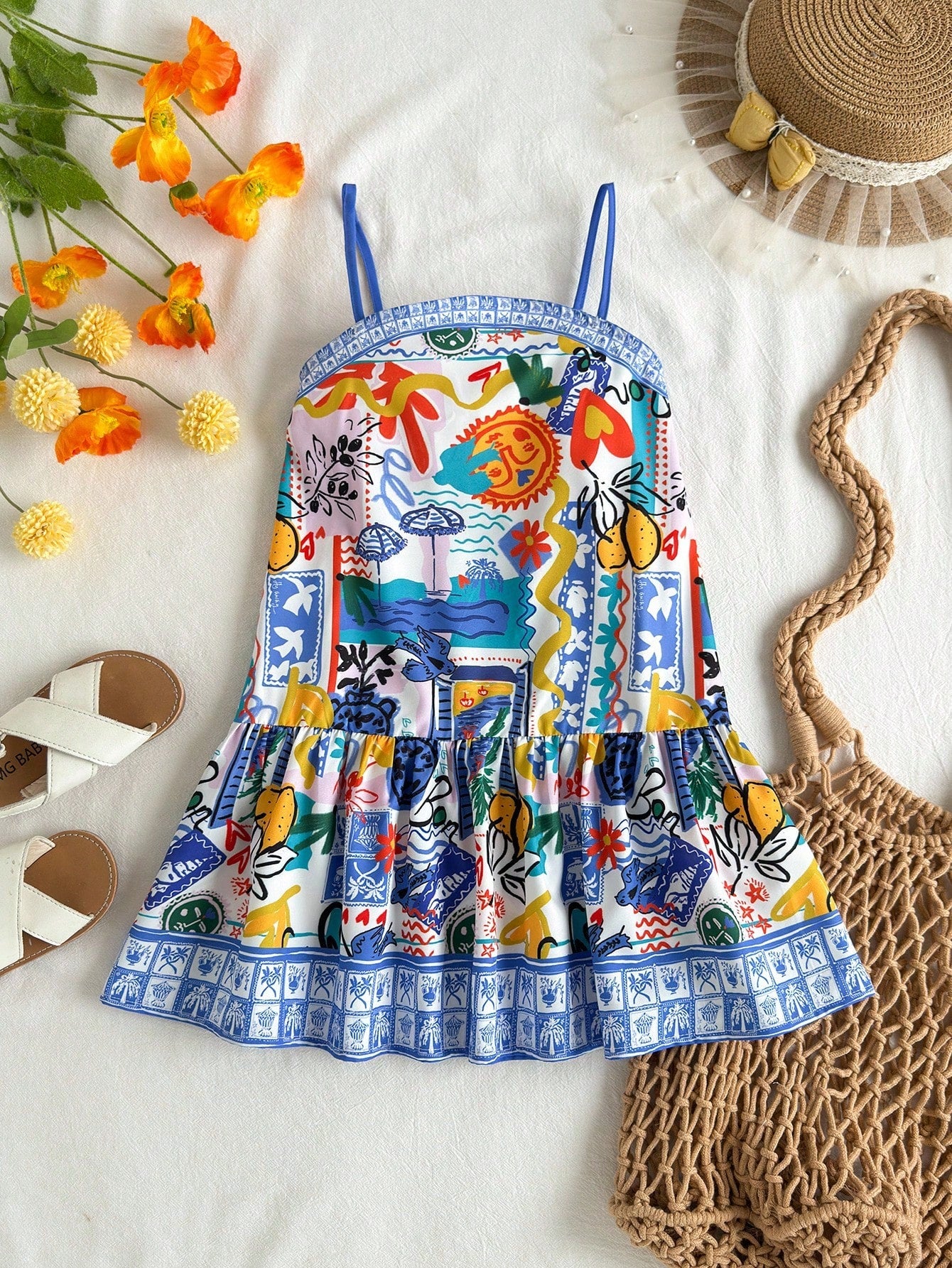 Tween girls black cami dress with colorful all-over cartoon print, spaghetti straps, ruffle detail, low waist, and flounce hem