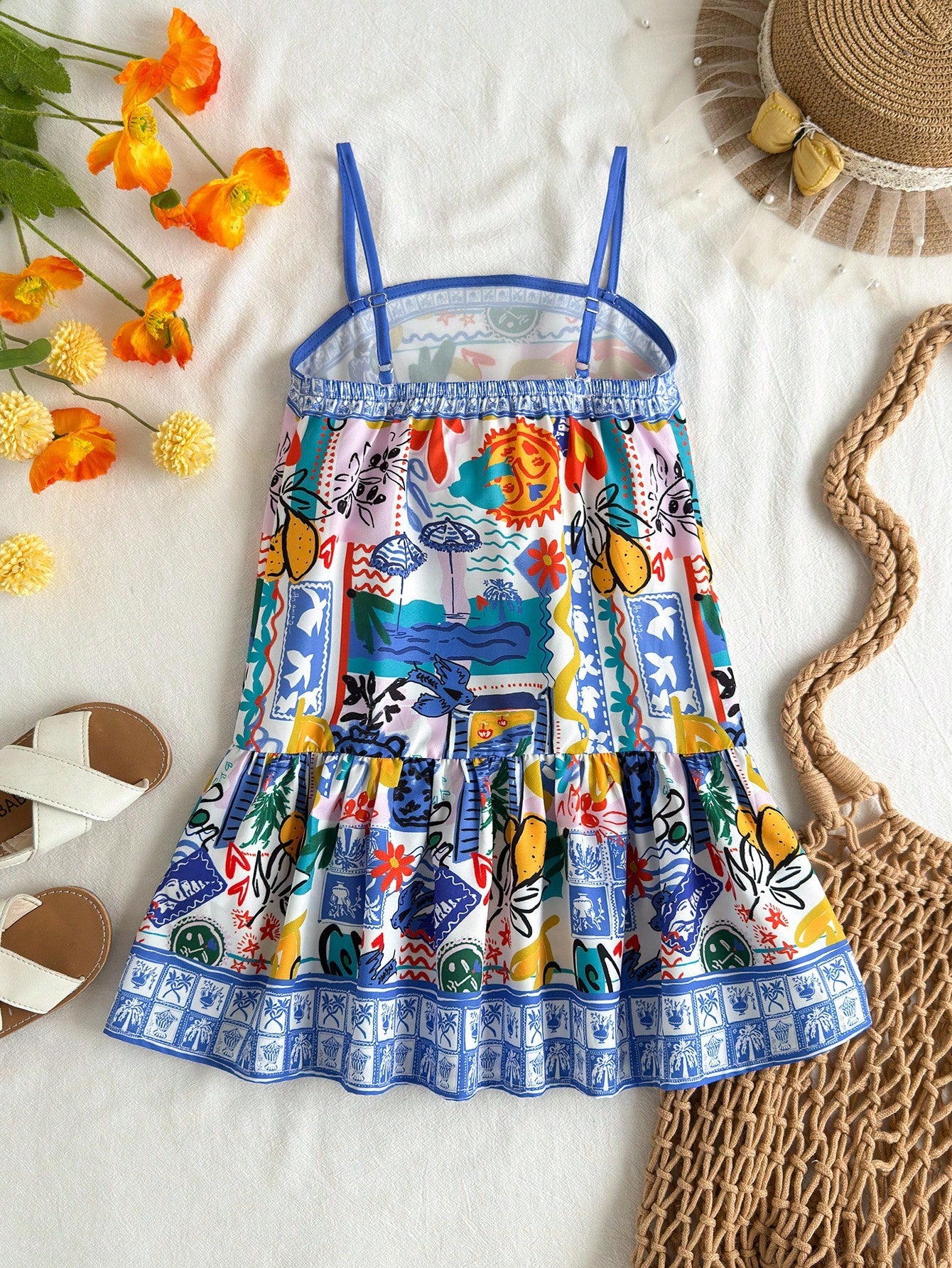 Tween girls black cami dress with colorful all-over cartoon print, spaghetti straps, ruffle detail, low waist, and flounce hem