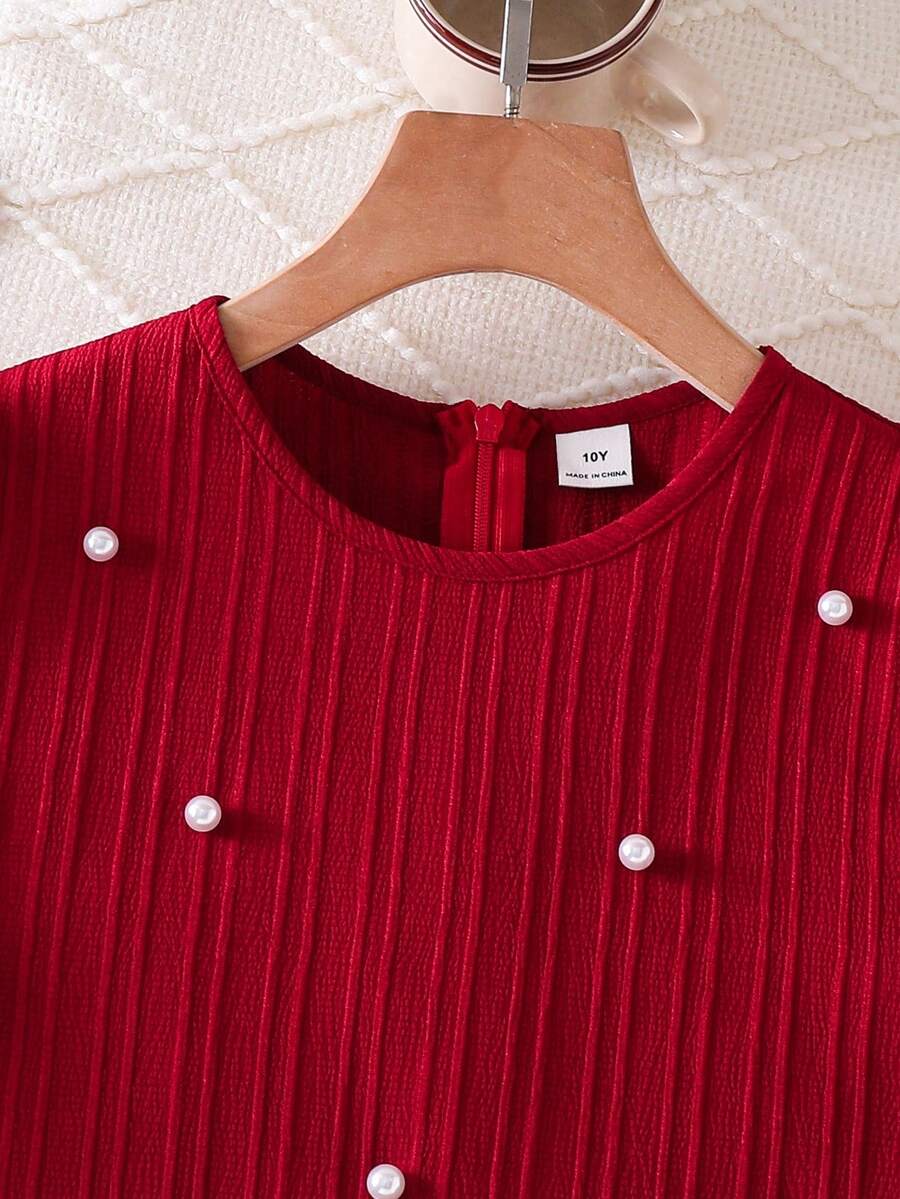 Tween girl blue and white striped A-line casual dress featuring round neck, puff short sleeves, high waist, and flounce ruffle hem.