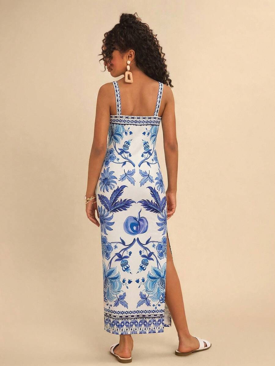 Tween girls' multicolor fruit print cami dress with spaghetti straps, sleeveless slim fit, split detail, natural waist, and long straight hem for vacation wear.