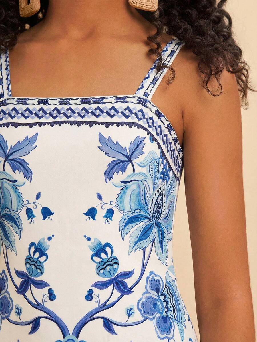 Tween girls' multicolor fruit print cami dress with spaghetti straps, sleeveless slim fit, split detail, natural waist, and long straight hem for vacation wear.