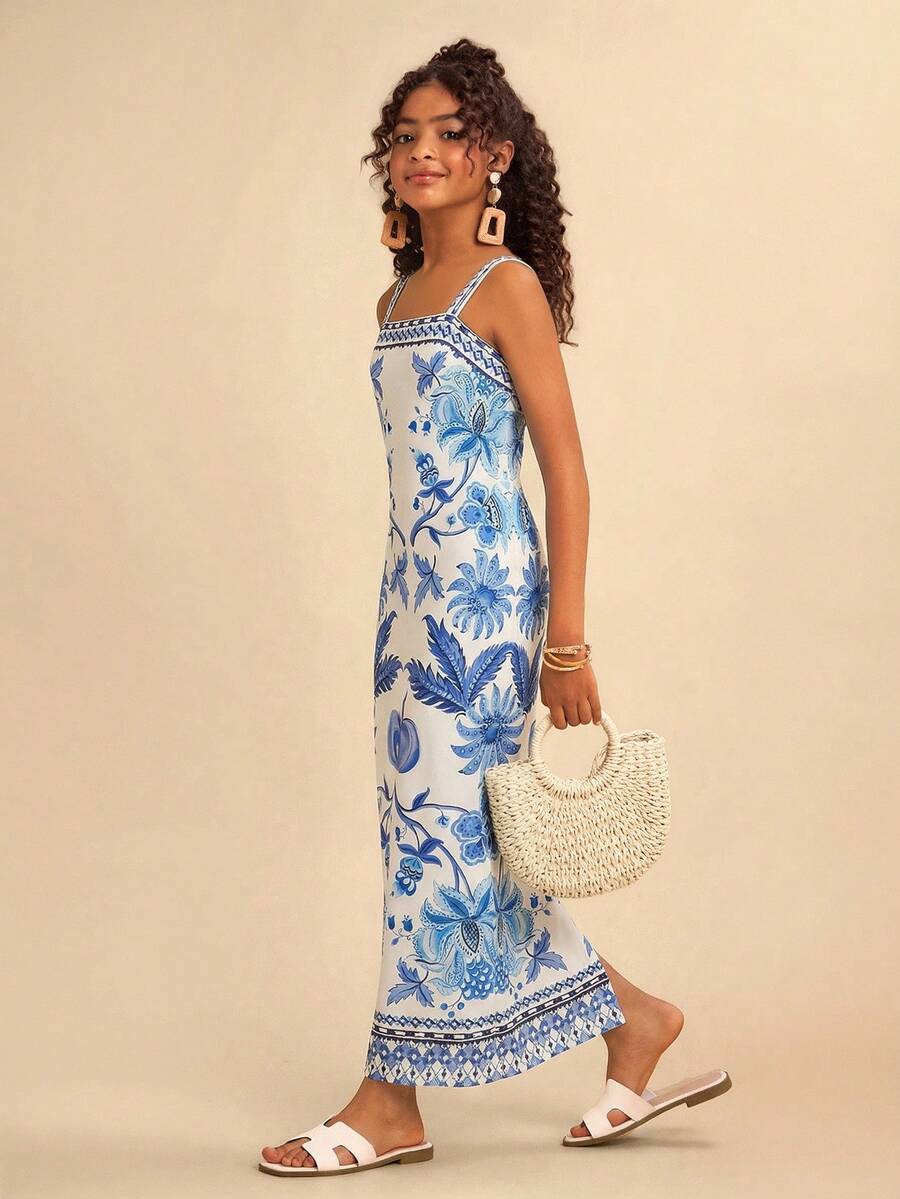 Tween girls' multicolor fruit print cami dress with spaghetti straps, sleeveless slim fit, split detail, natural waist, and long straight hem for vacation wear.