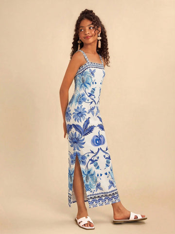 Tween girls' multicolor fruit print cami dress with spaghetti straps, sleeveless slim fit, split detail, natural waist, and long straight hem for vacation wear.