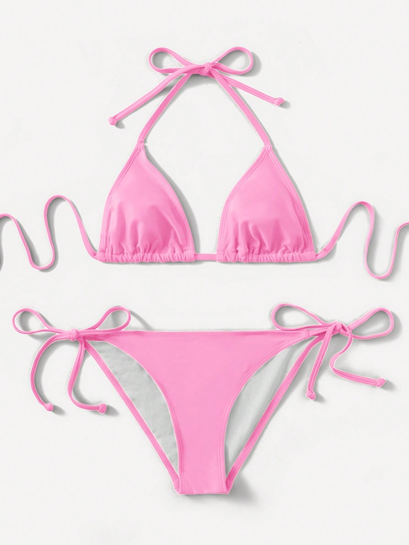Women's high waist halter tie bikini swimwear set featuring triangle cups, wireless bra with removable padding, and tie side bottoms.