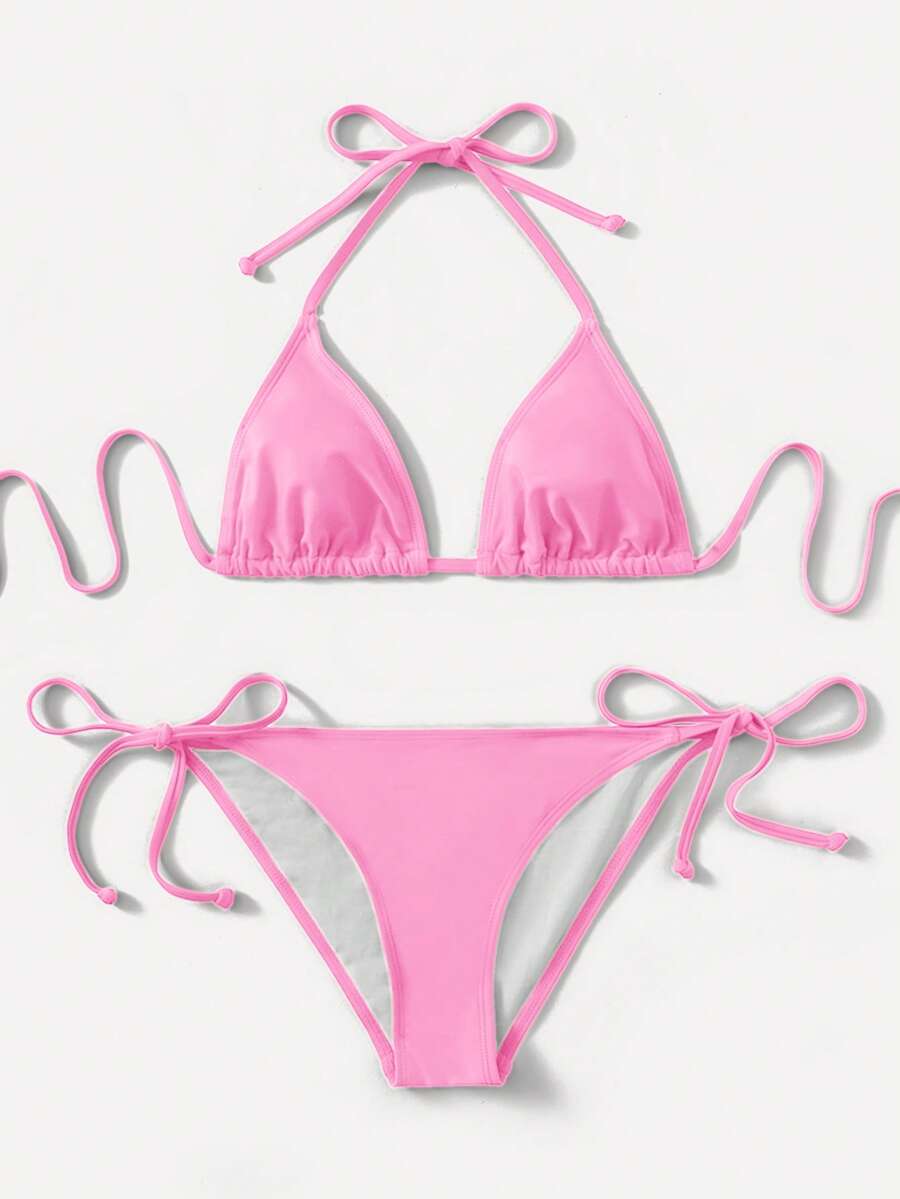 Women's high waist halter tie bikini swimwear set featuring triangle cups, wireless bra with removable padding, and tie side bottoms.