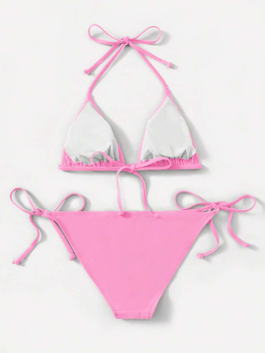 Women's high waist halter tie bikini swimwear set featuring triangle cups, wireless bra with removable padding, and tie side bottoms.