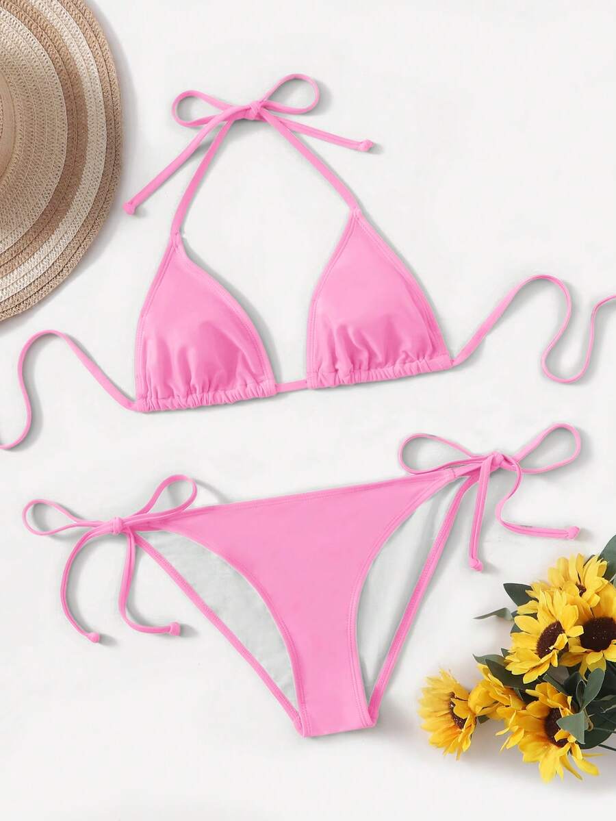 Women's high waist halter tie bikini swimwear set featuring triangle cups, wireless bra with removable padding, and tie side bottoms.